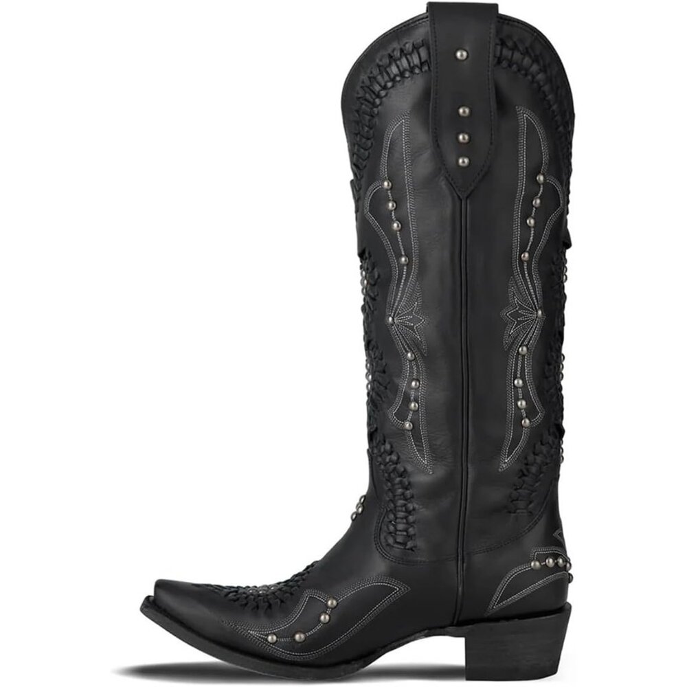 Women's Black Leather Embroidery Knee High Western Cowgirl Boots Lightweight - Picture 2 of 6